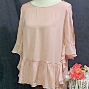 Boho Peasant Top Blouse L Peach Pink Slit Shoulder
